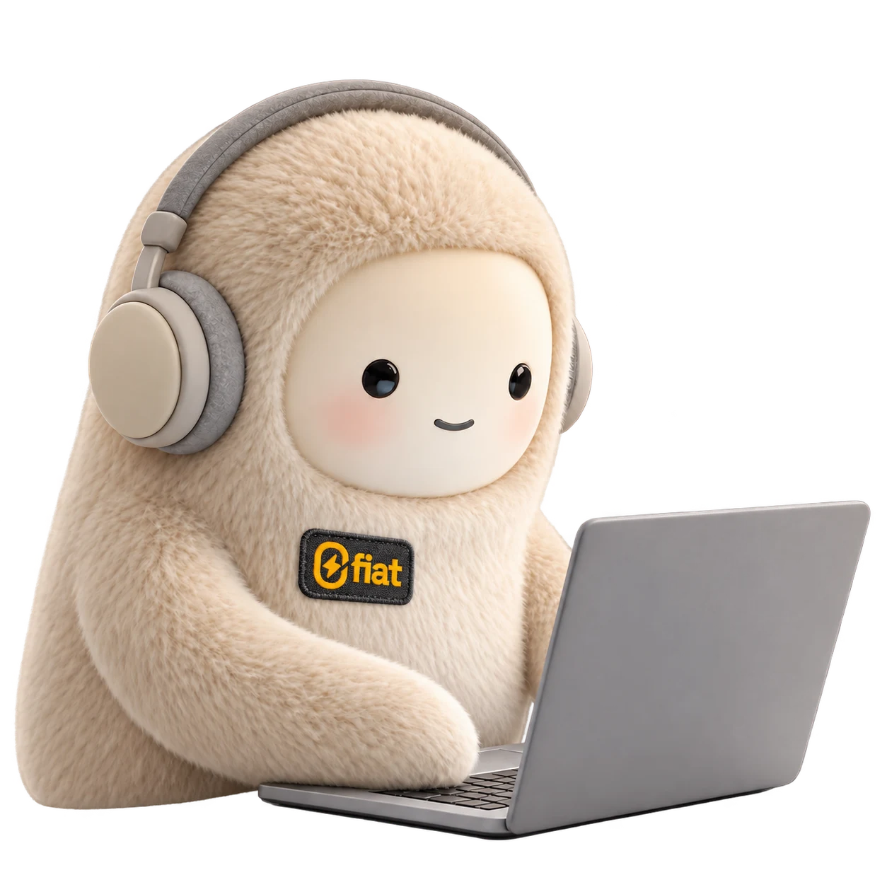 Jolly, the Muse assistant, wearing a 0fiat patch and using a laptop