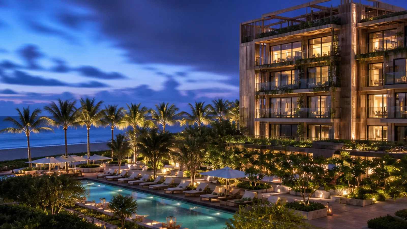 Editorial blue-hour view of 1 Hotel South Beach in Miami Beach