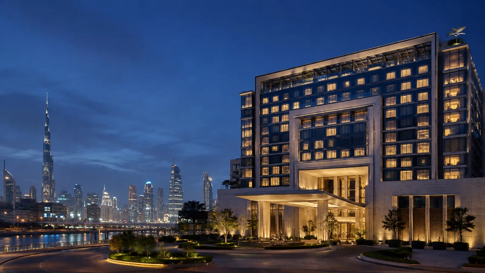 Editorial blue-hour exterior view inspired by Anantara Downtown Dubai Hotel in Dubai