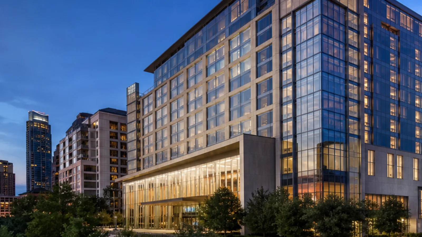 Editorial blue-hour view of Austin Marriott Downtown in Austin