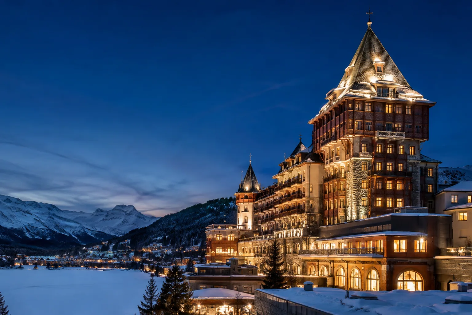 Editorial architectural view of the event-week meeting rhythm at Badrutt’s Palace Hotel