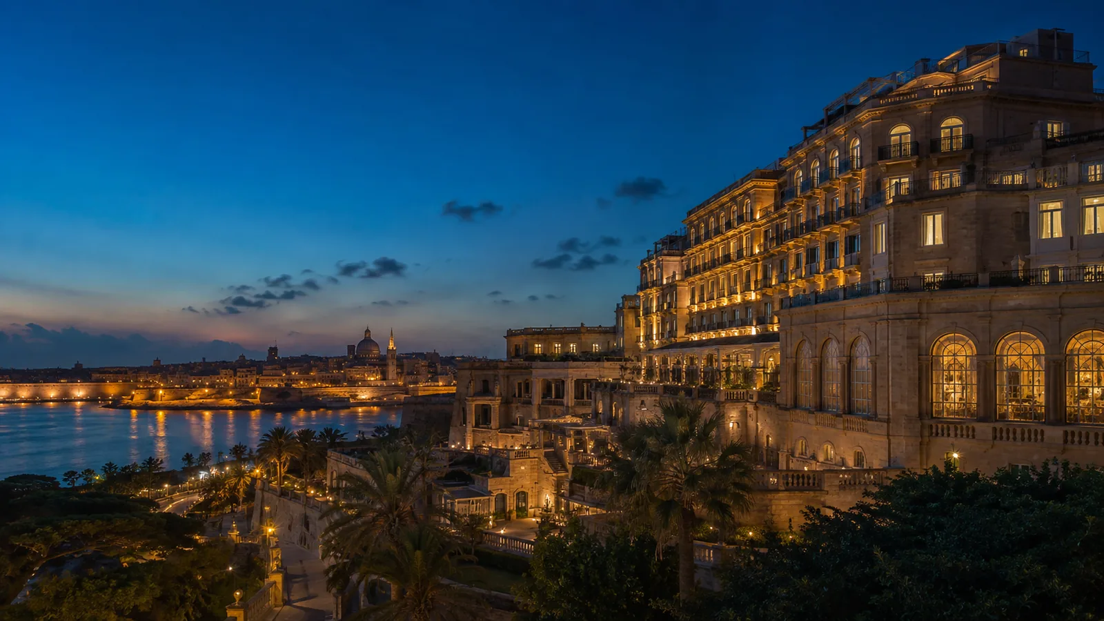 Editorial blue-hour exterior view inspired by Grand Hotel Excelsior Malta in Valletta