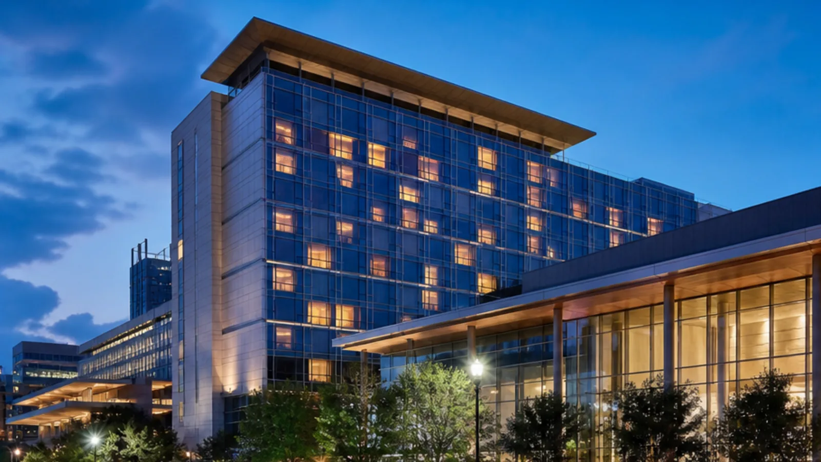 Editorial blue-hour view of Hilton Austin in Austin