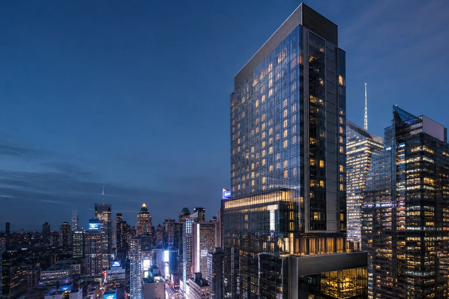 Editorial architectural view of the event-week meeting rhythm at Hilton New York Times Square