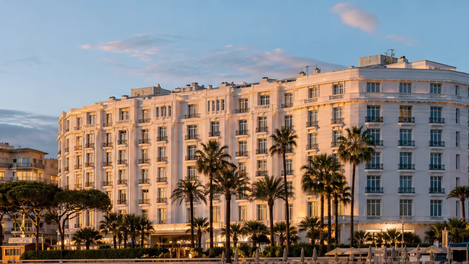 Editorial blue-hour view of Hôtel Martinez in Cannes