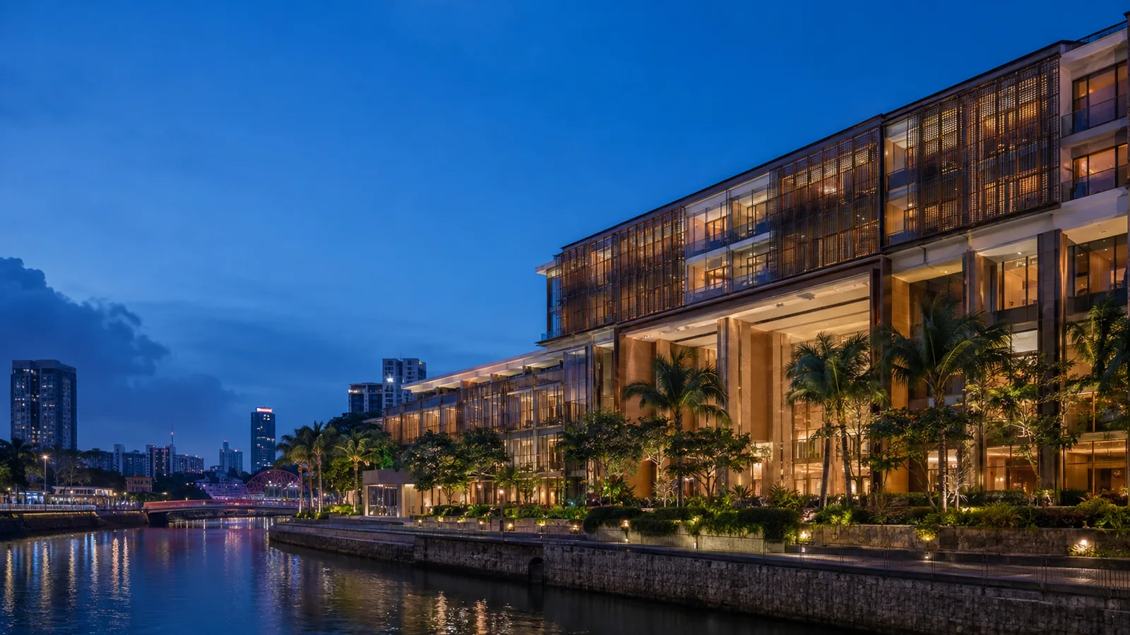 Editorial blue-hour exterior view inspired by InterContinental Singapore Robertson Quay in Singapore