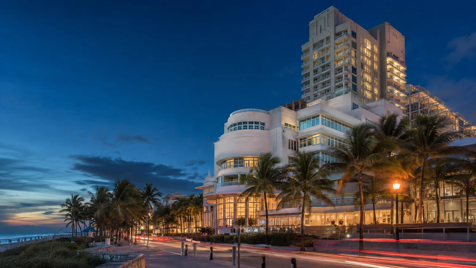 Editorial blue-hour exterior view inspired by Loews Miami Beach Hotel in Miami Beach