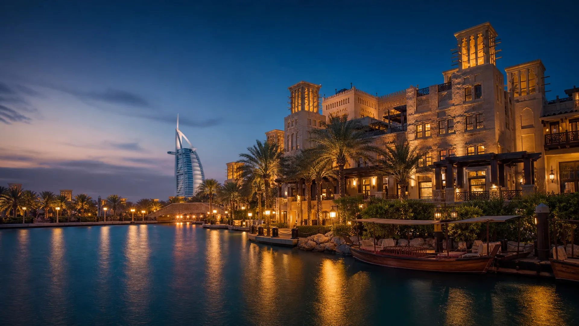 Editorial view of Madinat Jumeirah waterways, Arabian resort architecture and the Dubai skyline at blue hour