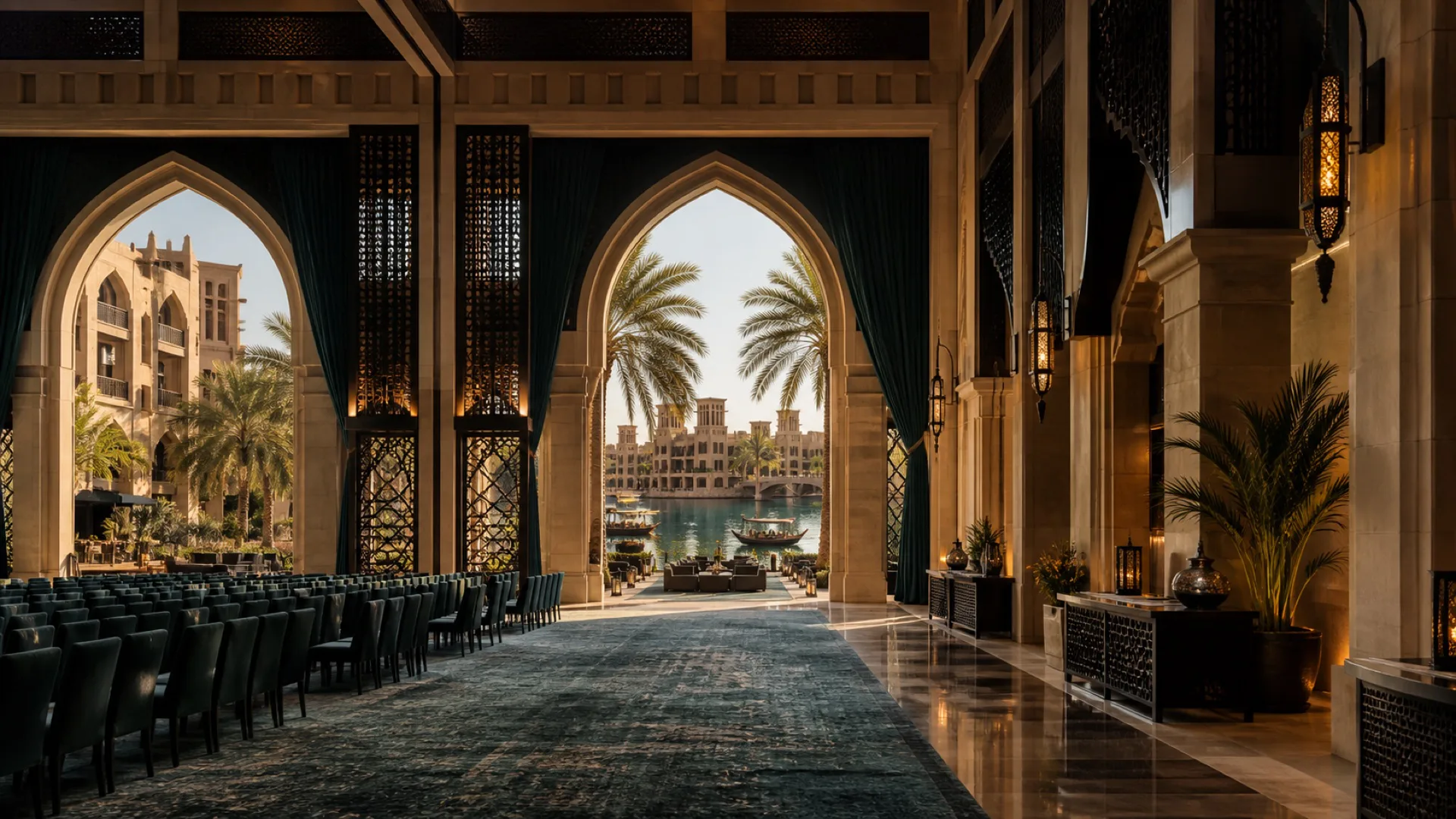 Editorial visualisation of an Arabian-style event hall opening onto Madinat Jumeirah waterways