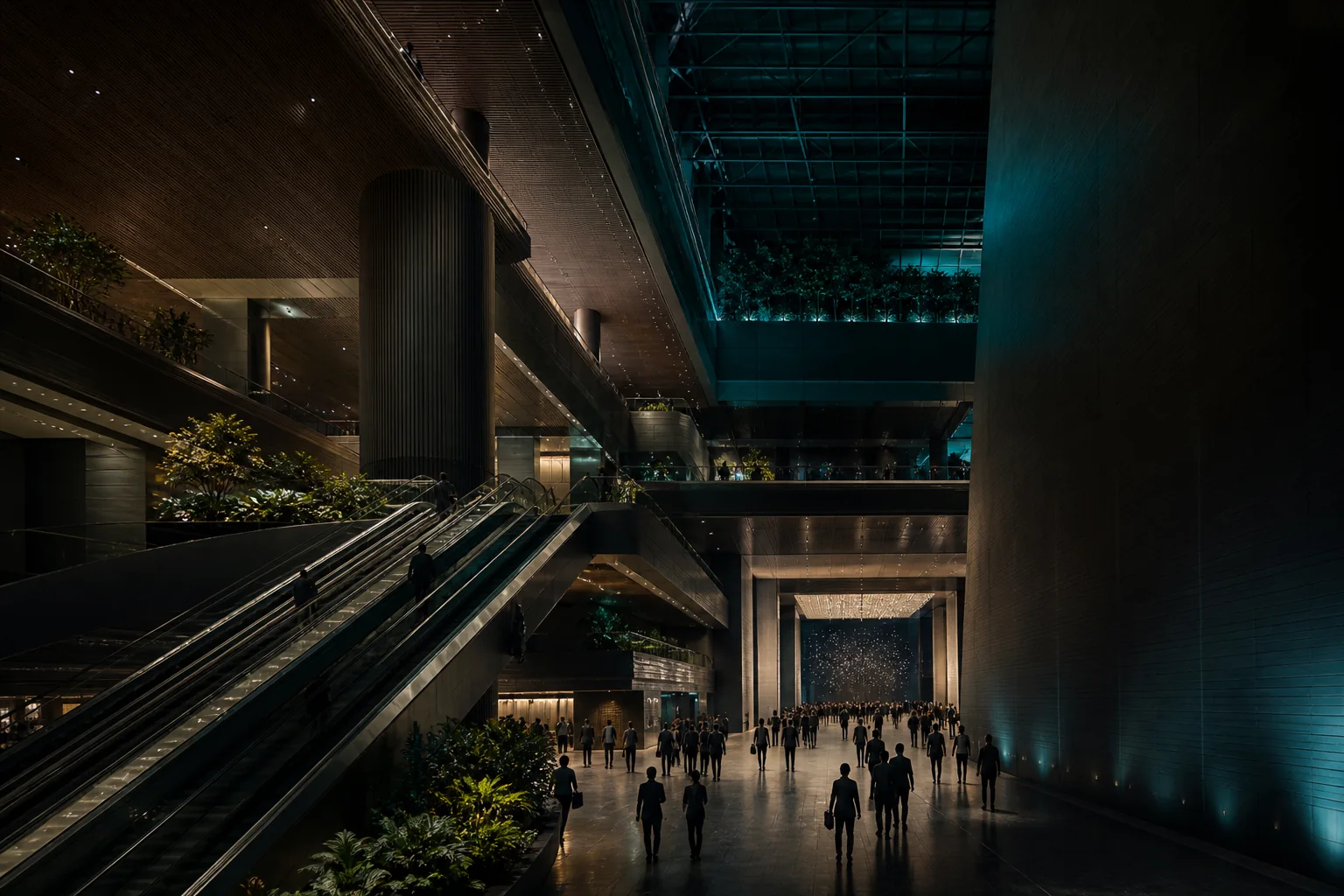 Editorial visualisation of a large multi-level convention venue interior