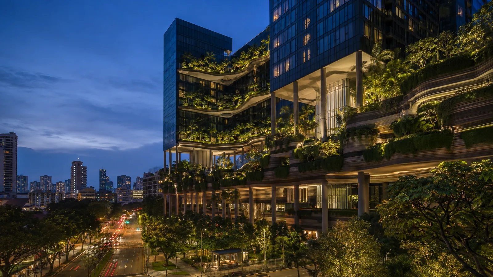 Editorial blue-hour exterior view inspired by PARKROYAL COLLECTION Pickering in Singapore
