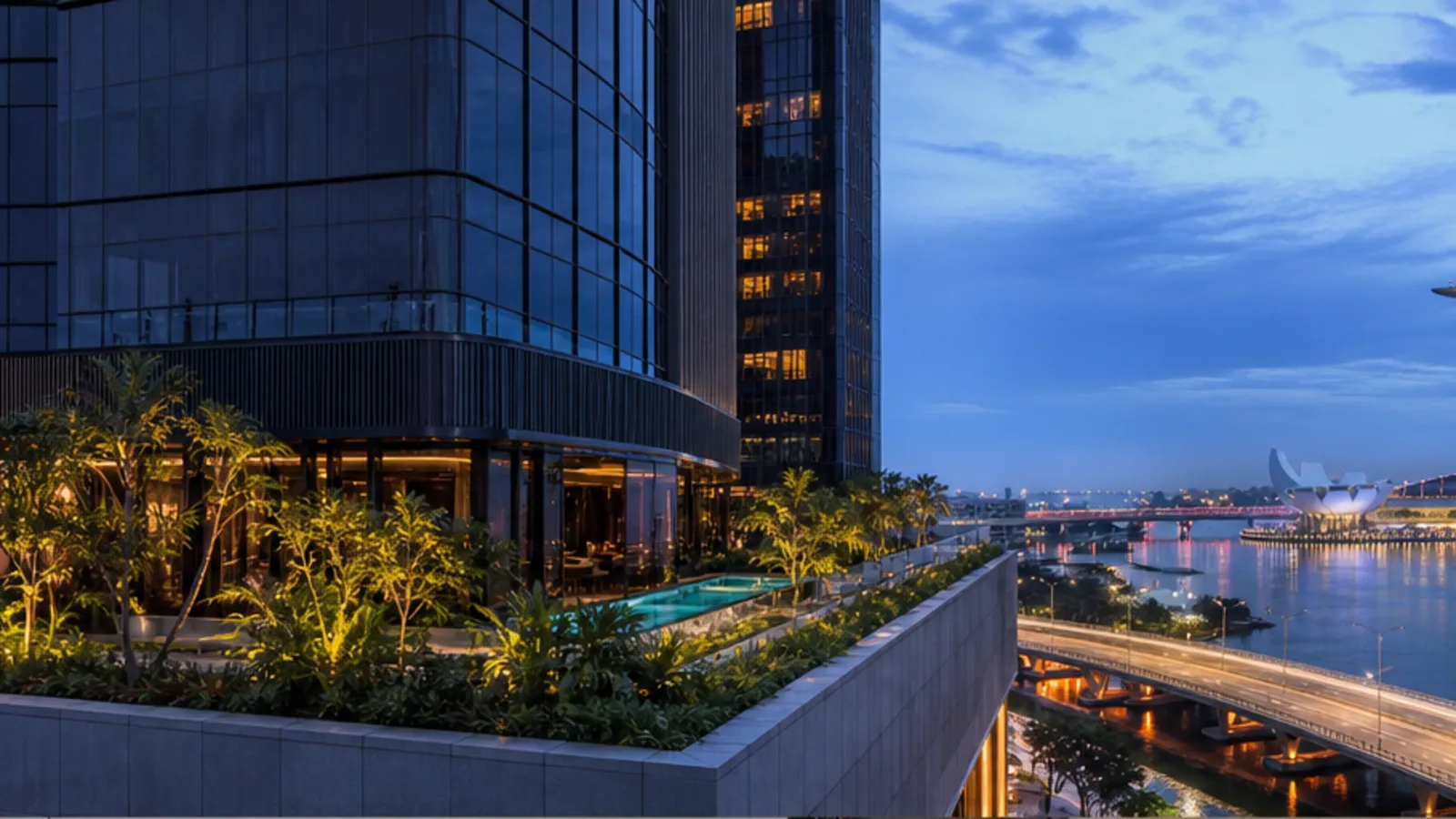 Editorial blue-hour view of Pullman Singapore Hill Street in Singapore