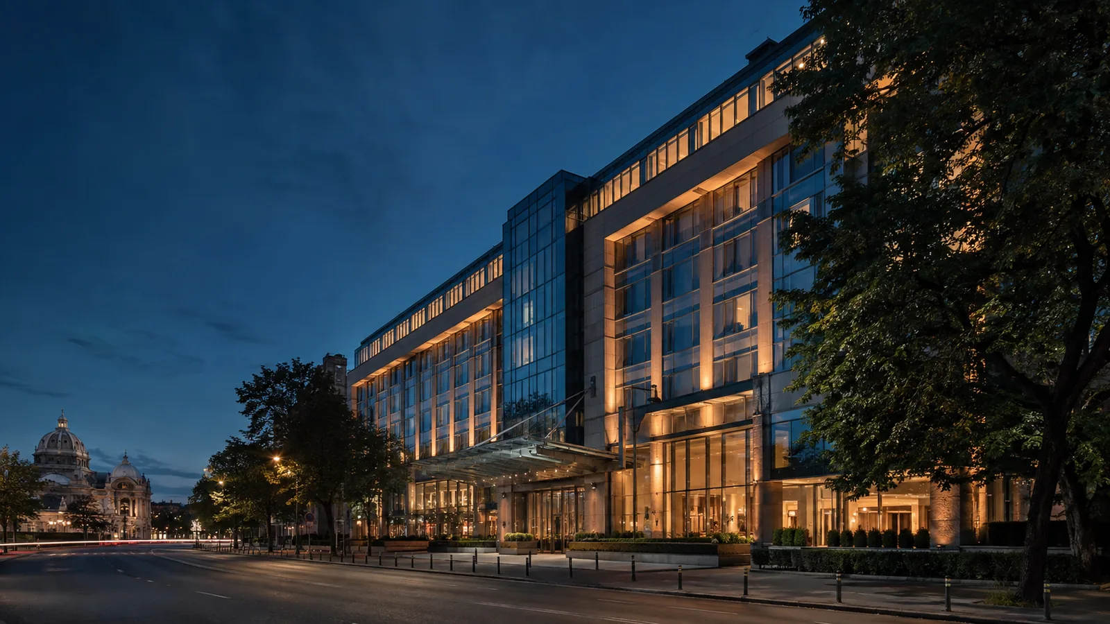 Editorial blue-hour exterior view inspired by Radisson Blu Hotel Bucharest in Bucharest