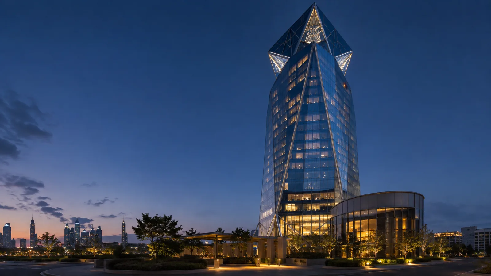 Editorial blue-hour exterior view inspired by SO/ Uptown Dubai in Dubai