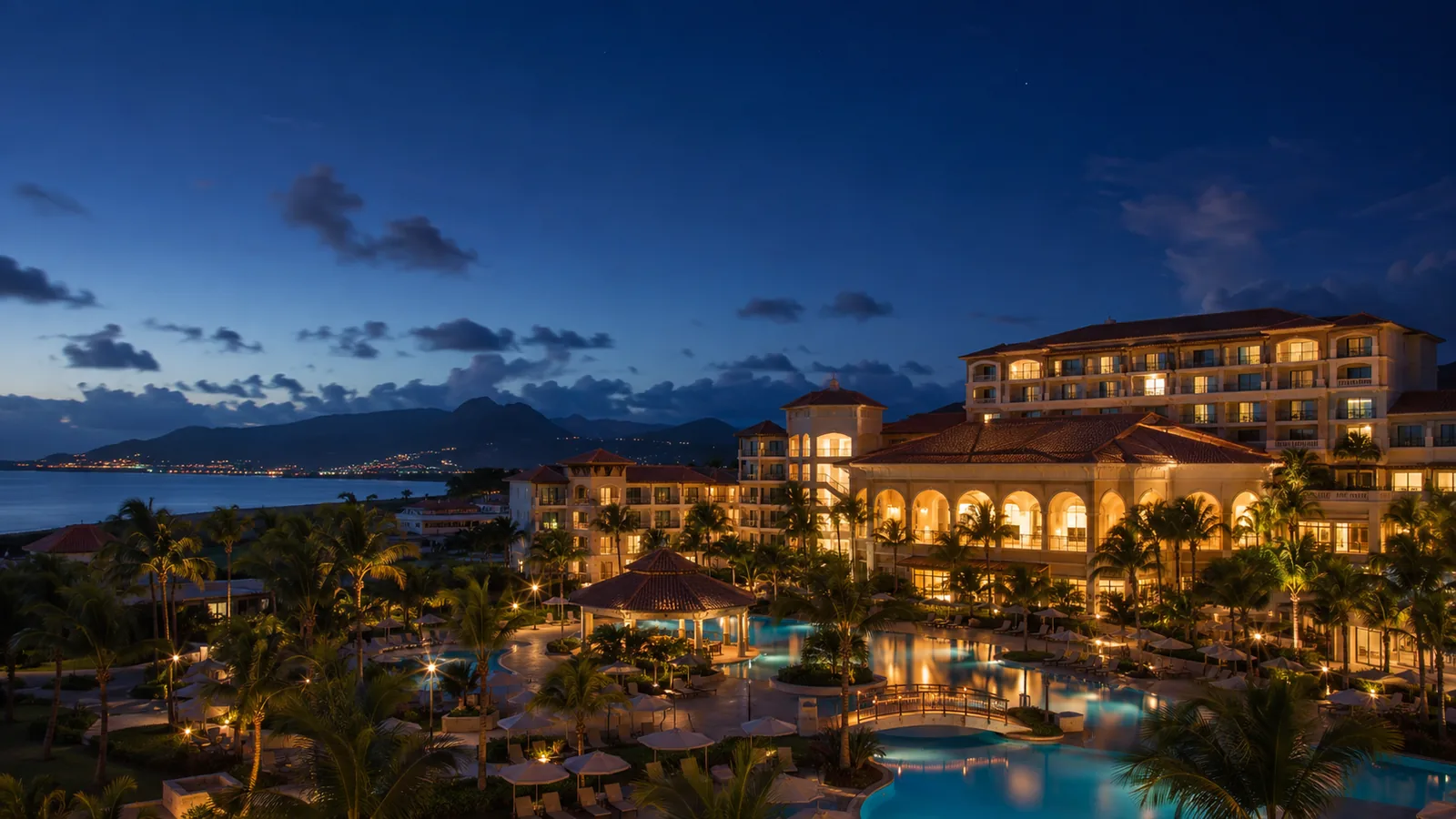Editorial blue-hour exterior view inspired by St. Kitts Marriott Resort in Frigate Bay