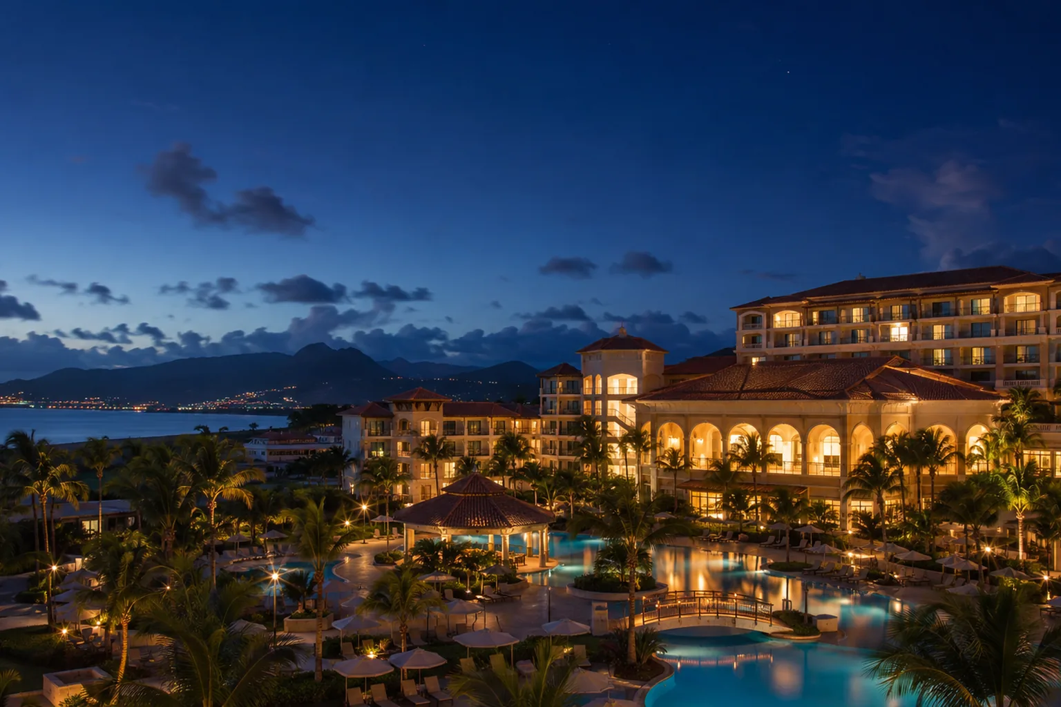 Editorial architectural view of the event-week meeting rhythm at St. Kitts Marriott Resort