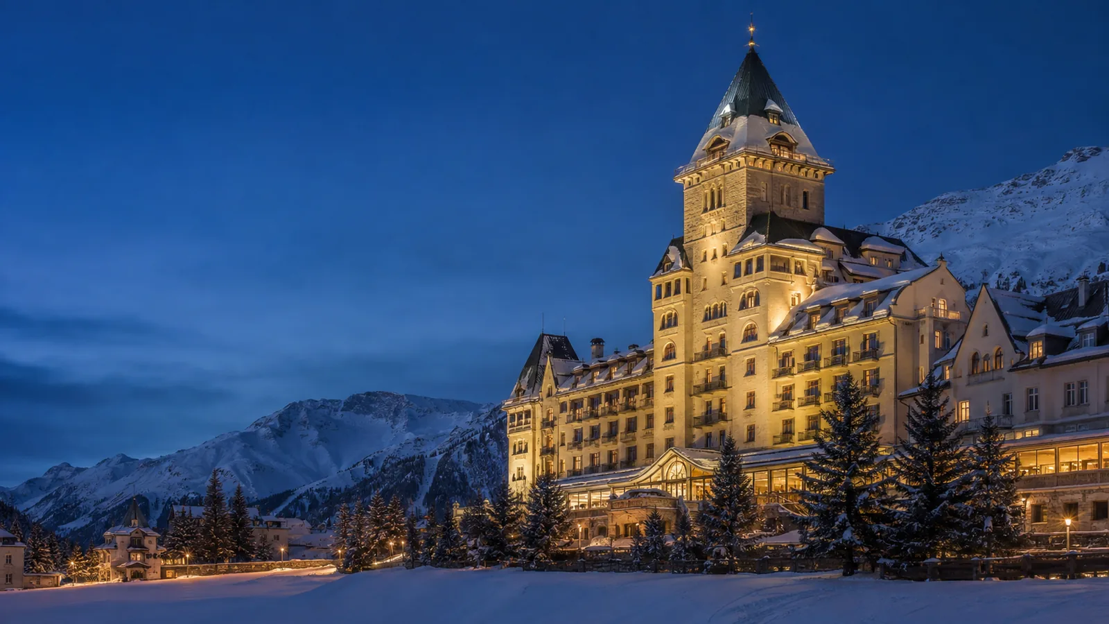 Editorial blue-hour exterior view inspired by Suvretta House in St. Moritz