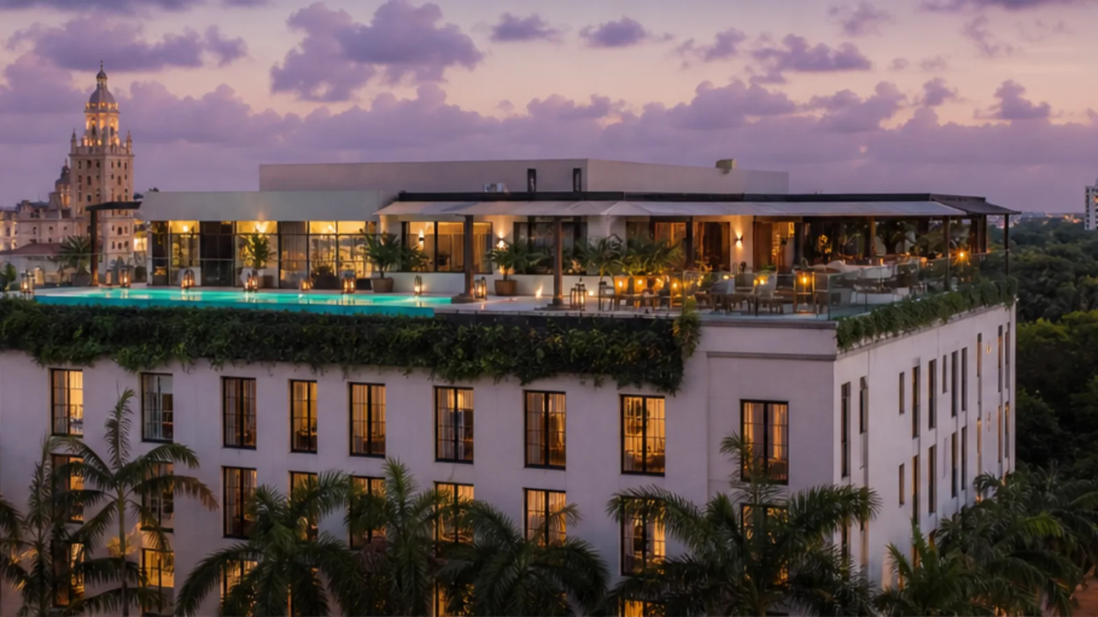 Editorial blue-hour view of THesis Hotel Miami in Coral Gables