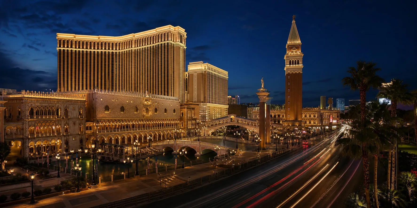 The Venetian Resort and Las Vegas Strip illuminated at blue hour