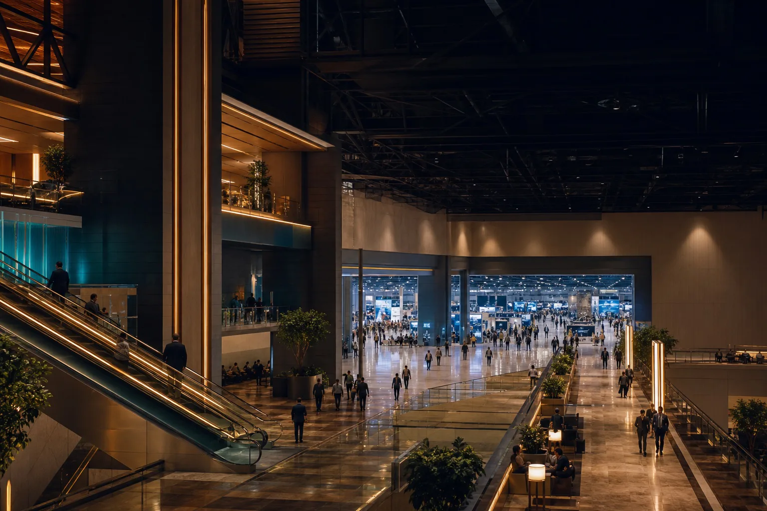 Editorial visualisation of a vast convention concourse connected to a resort