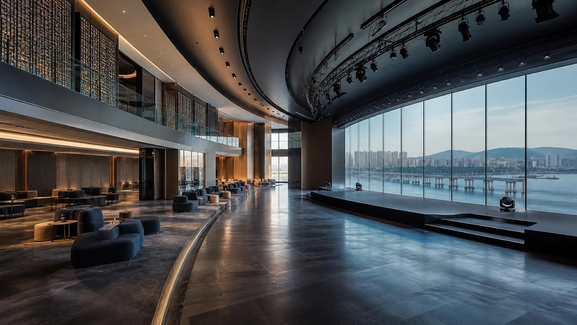 Editorial visualisation of a contemporary river-facing convention hall inspired by Walkerhill in Seoul