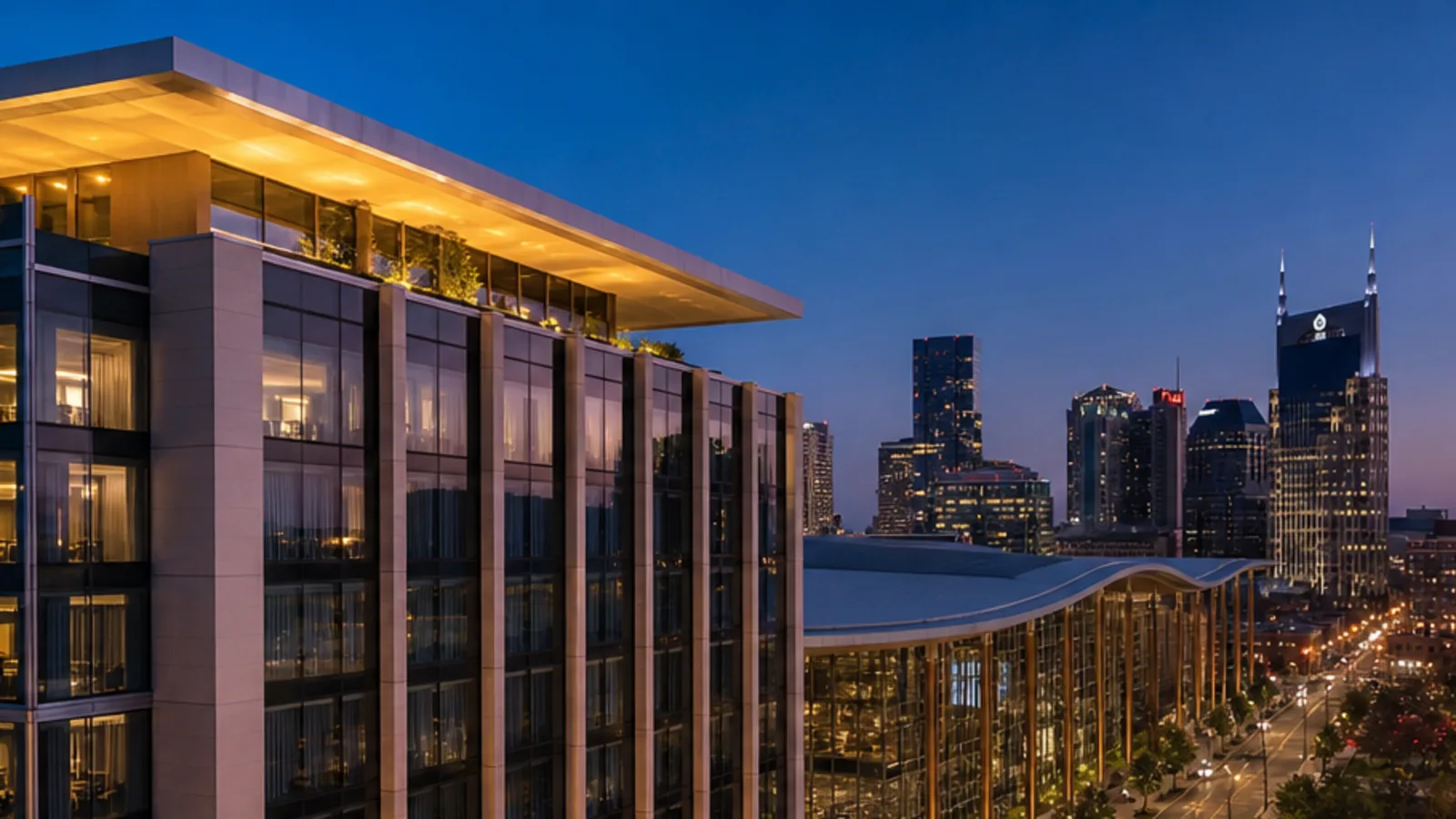 Editorial blue-hour view of The Westin Nashville in Nashville